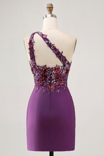 Dark Purple One Shoulder Sequin Bodycon Homecoming Dress with Slit